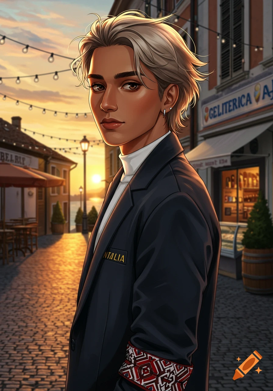 An anime-style person with light hair and dark skin, wearing a blazer, stands on a cobblestone street at sunset in a European town.