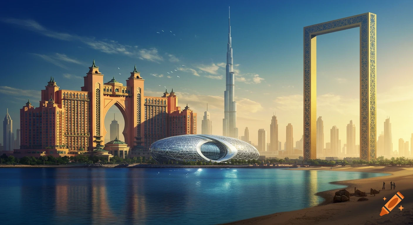 Photorealistic Dubai cityscape featuring Atlantis hotel, Burj Khalifa, Museum of the Future, and Dubai Frame by a beach.