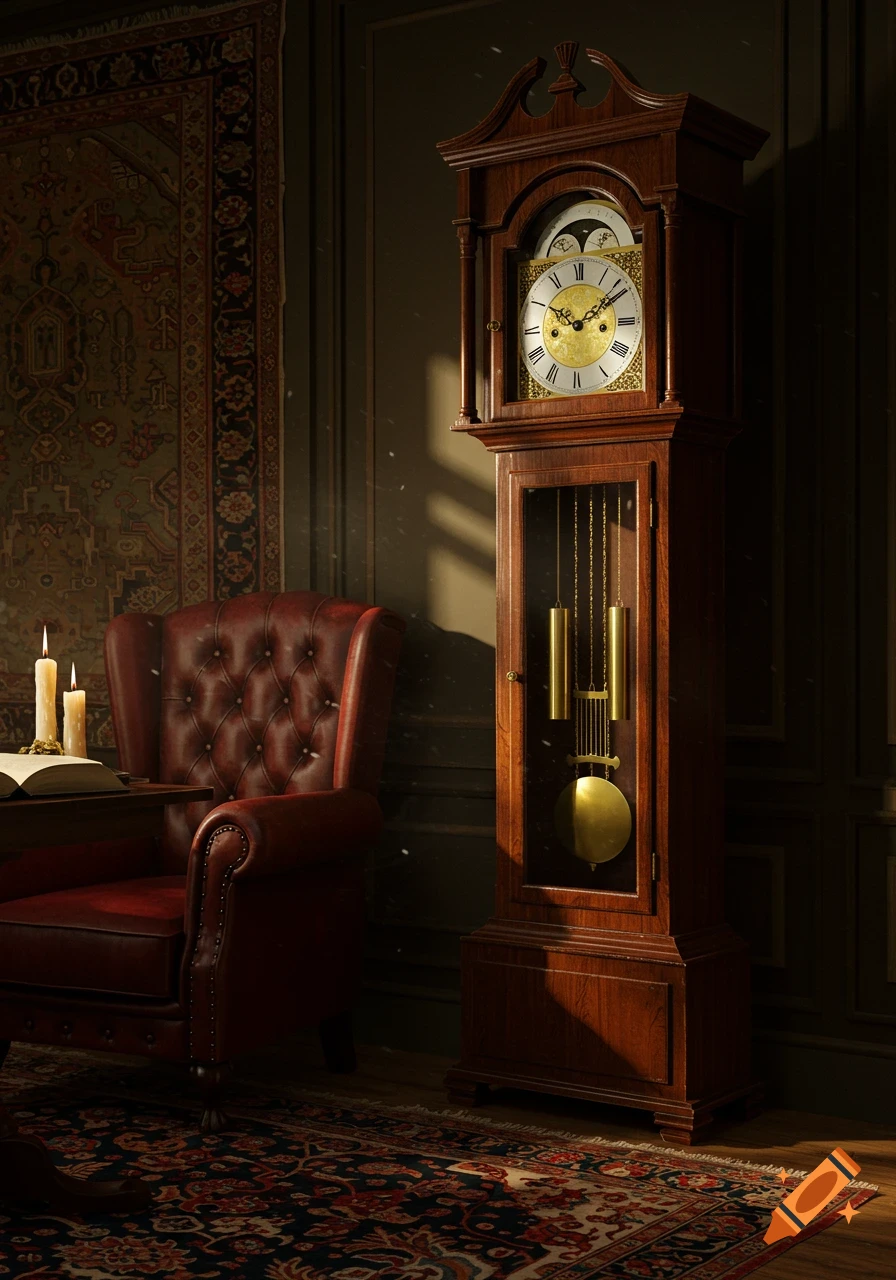 A photorealistic image of a wooden grandfather clock next to a red leather armchair in a dimly lit, ornate room. Candles burn on a table beside an open book, and sunlight streams through a window, illuminating dust motes.