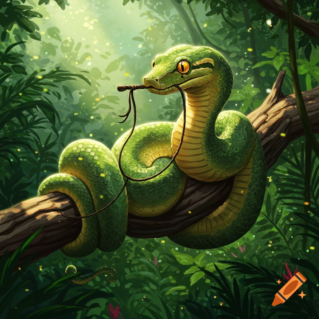 A vibrant, cartoonish green anaconda is coiled around a tree branch in a lush jungle, holding a rope-like whip in its mouth.