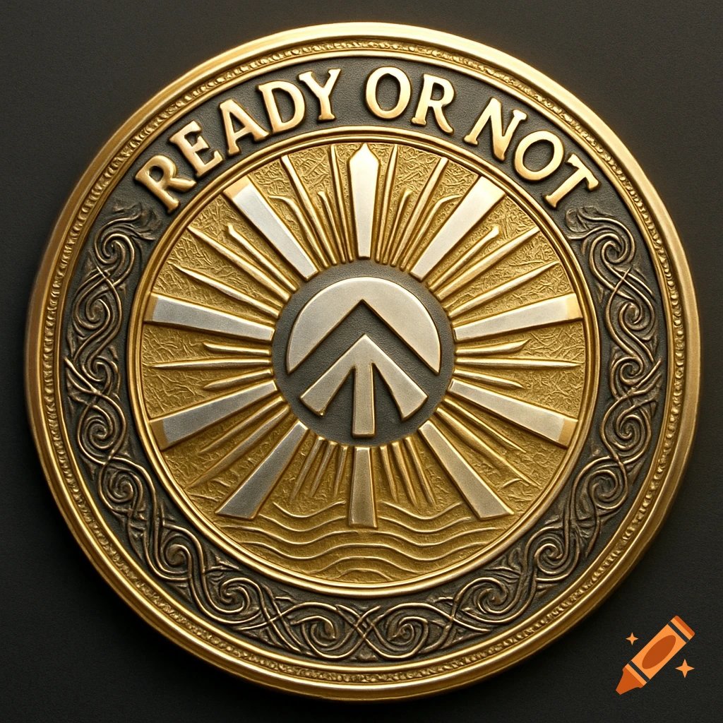 Golden and silver coin engraved with 'READY OR NOT', a sunburst design, and intricate patterns around the border.