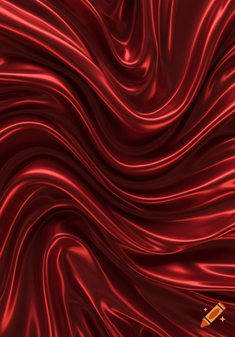 A close-up view of flowing, wrinkled red silk fabric with shiny highlights and deep shadows, creating an intricate texture.