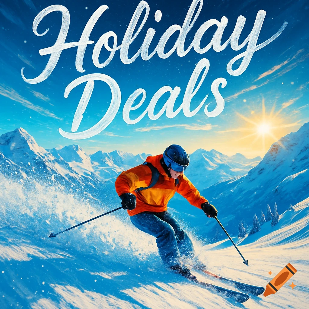 A person in orange and blue skis down a snowy mountain with 'Holiday Deals' text at the top, under a bright sun.