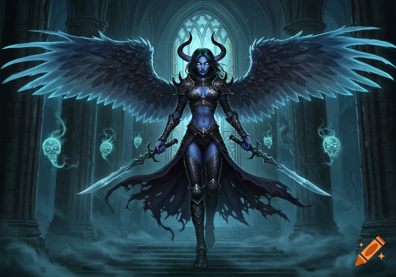 A blue-skinned, horned female warrior with large black and blue wings holds two swords in a dark, gothic ruin with floating ghost skulls.