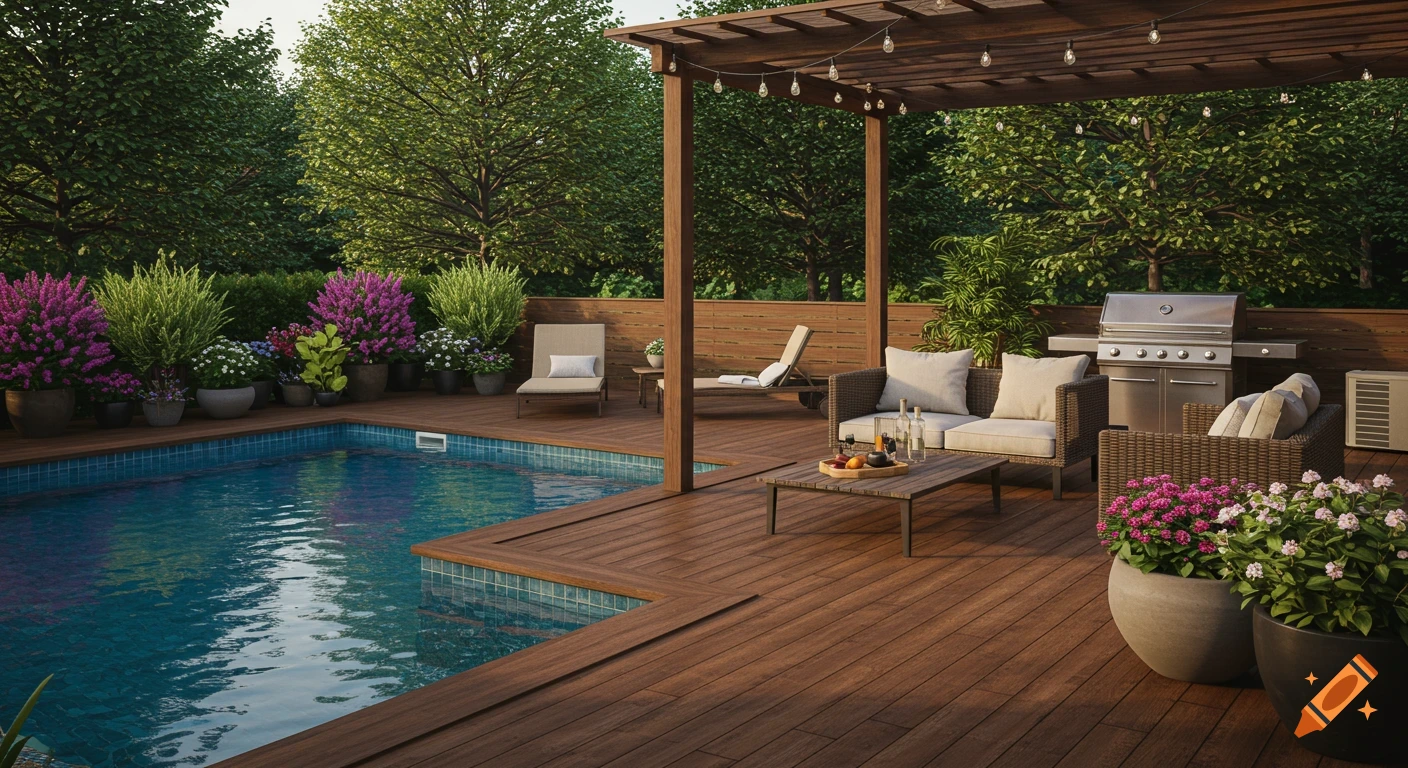A luxurious backyard featuring a blue swimming pool, a wooden deck with outdoor seating, a pergola, and a barbecue grill, surrounded by lush green trees and potted plants.