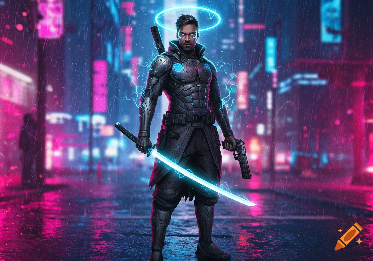 A man in dark futuristic armor stands in a rainy cyberpunk city, holding a glowing katana and a pistol, with a blue aura around his head.