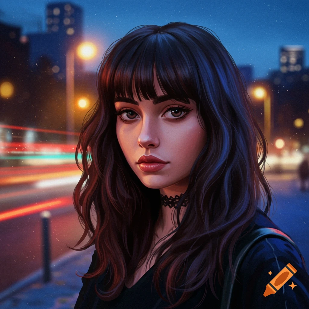 Digital painting of a woman with dark hair and bangs in a black top and choker, against a blurry city night with light trails.