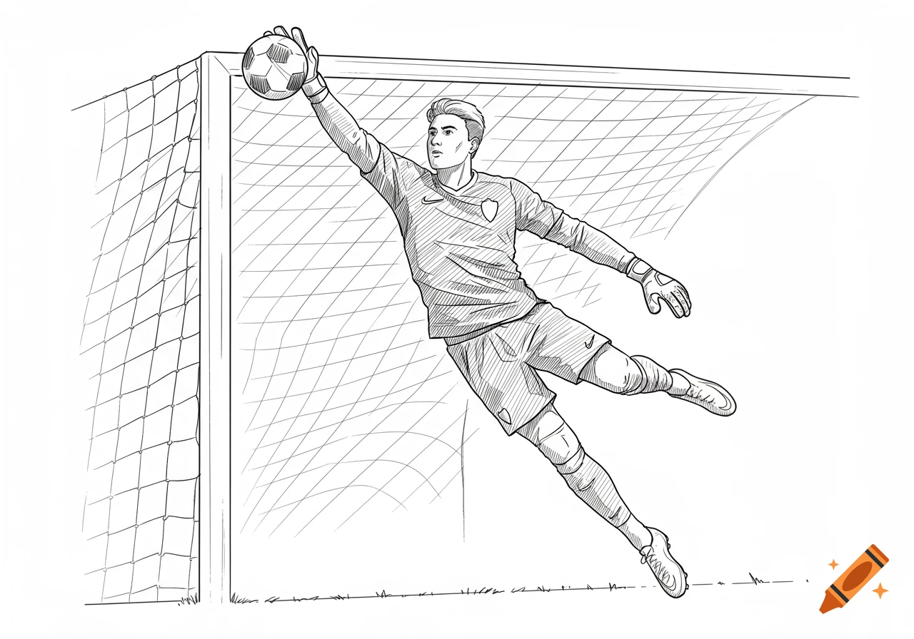 Line drawing of a soccer goalkeeper diving to block a shot, catching the ball with gloved hands.
