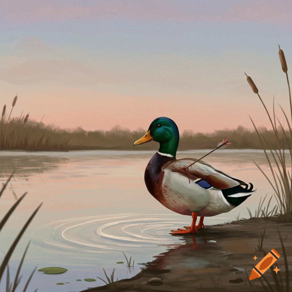 A painted mallard duck with an arrow in its chest stands at the edge of a pond with reeds and a sunset sky.