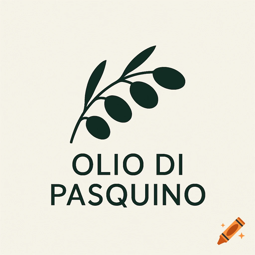 Minimalist logo with a dark green olive branch and four olives above the text 'OLIO DI PASQUINO' on a light cream background.