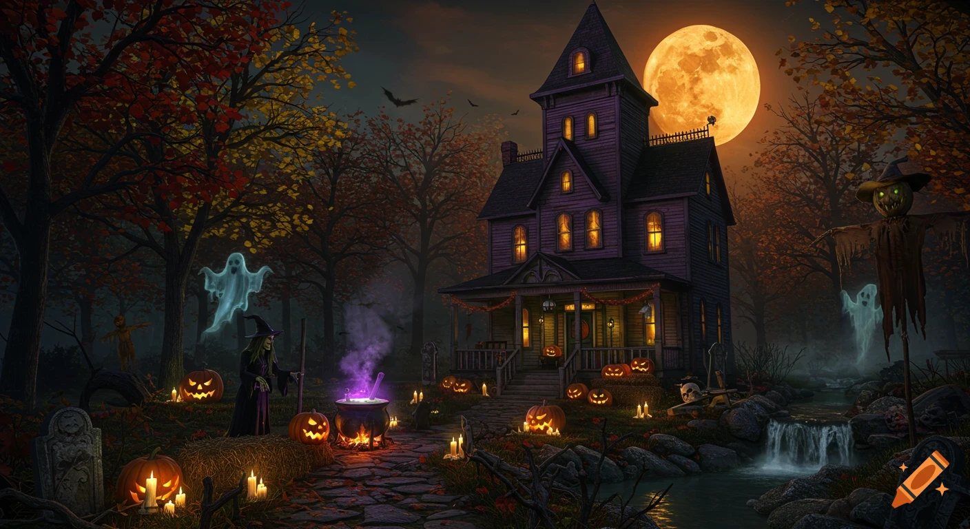 A photorealistic, spooky Halloween scene at night featuring a haunted house, a witch stirring a cauldron, ghosts, a scarecrow, and many glowing jack-o'-lanterns under a huge orange moon.