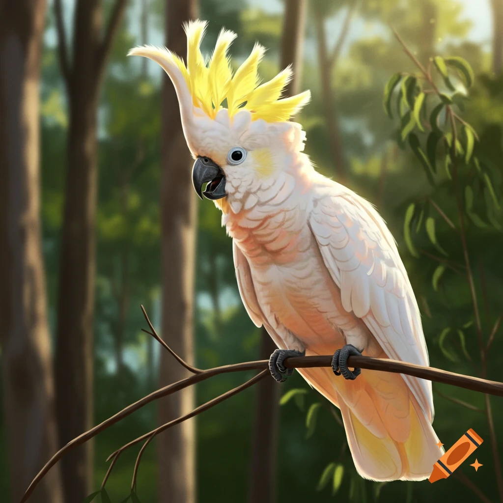 A vibrant Sulphur-crested Cockatoo with its yellow crest raised sits on a branch in a lush green forest.