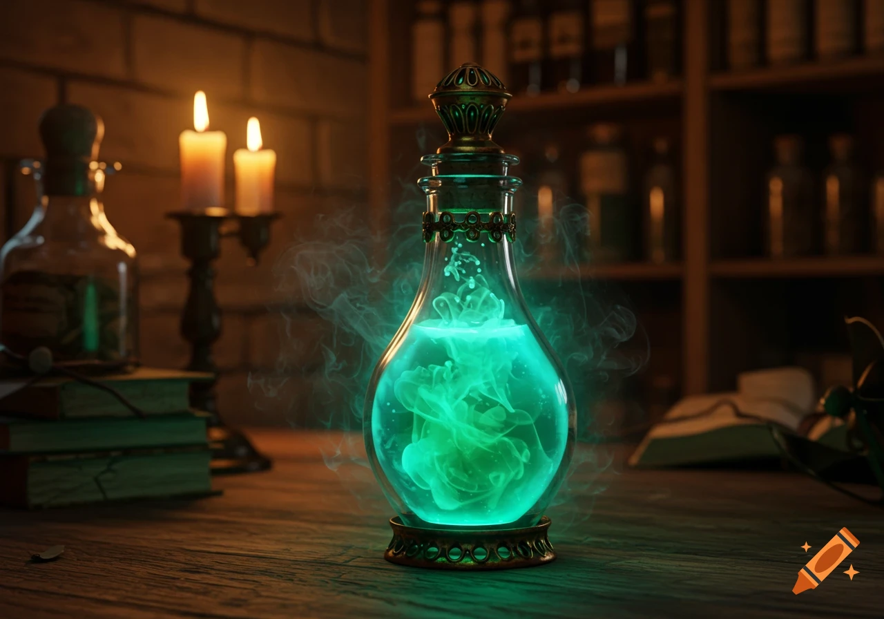 A glowing teal potion in an ornate bottle on a wooden table, with candles and books in a dark, mysterious room.