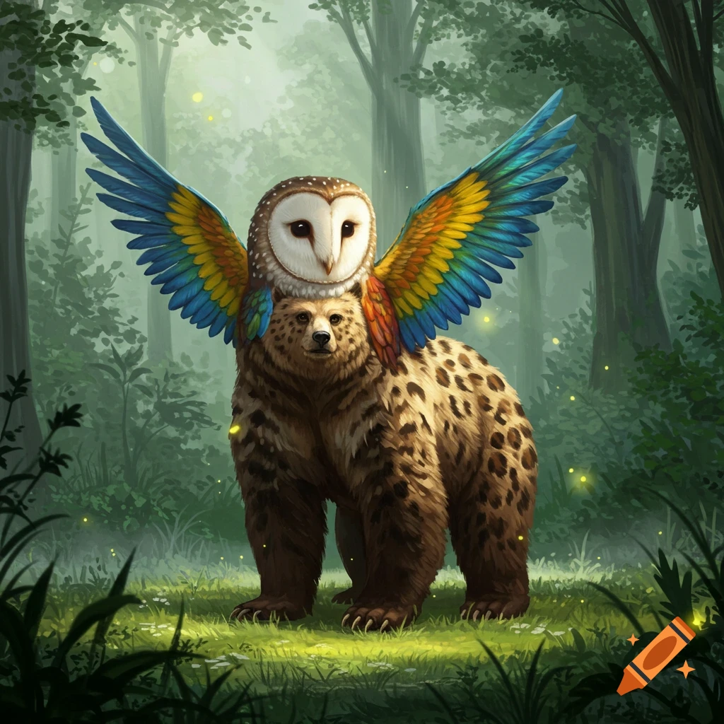 A fantastical creature with an owl head, colorful parrot wings, and a spotted bear body stands in an enchanted forest.