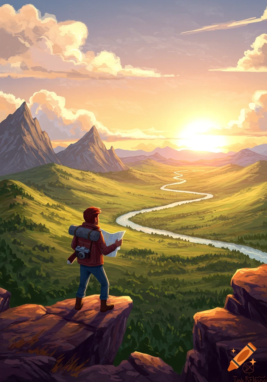 An illustration of a hiker standing on a cliff, looking at a vast green valley with a winding river, mountains, and a bright sunset.