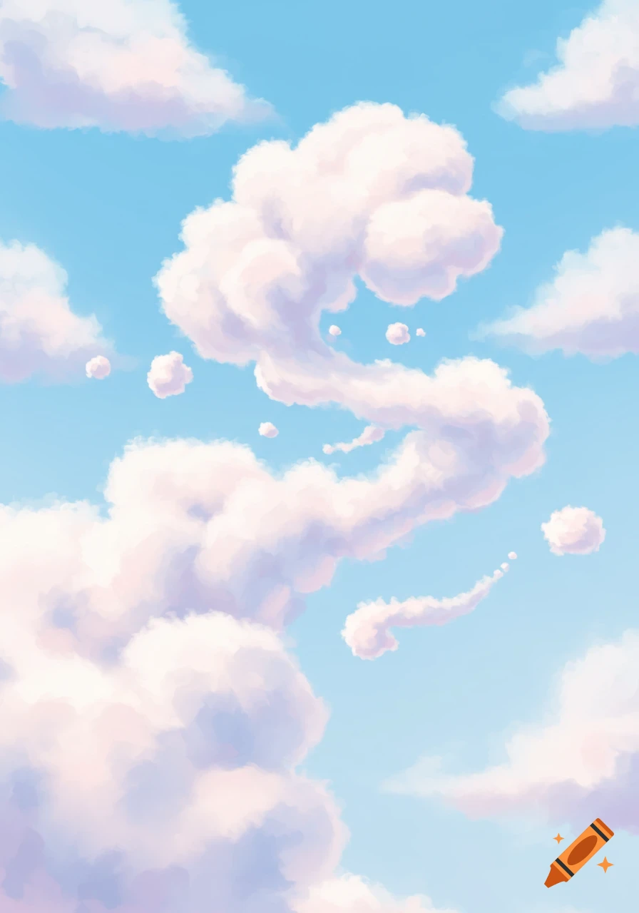 Stylized white and pink clouds against a clear blue sky, with a large, wispy S-shaped cloud formation.