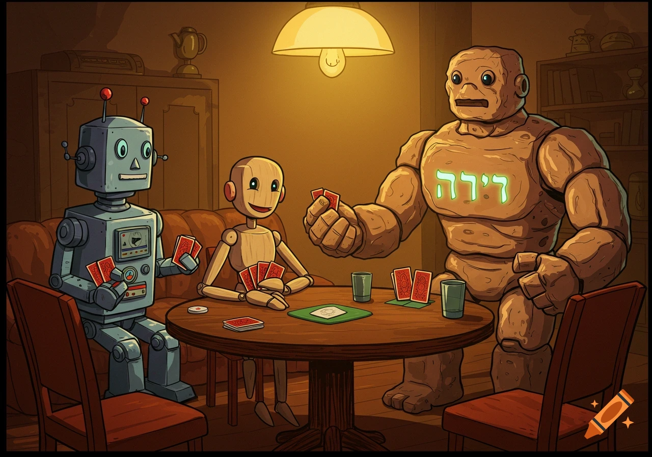 A retro robot, wooden puppet, and clay golem play cards in a warm, comic-book style room.