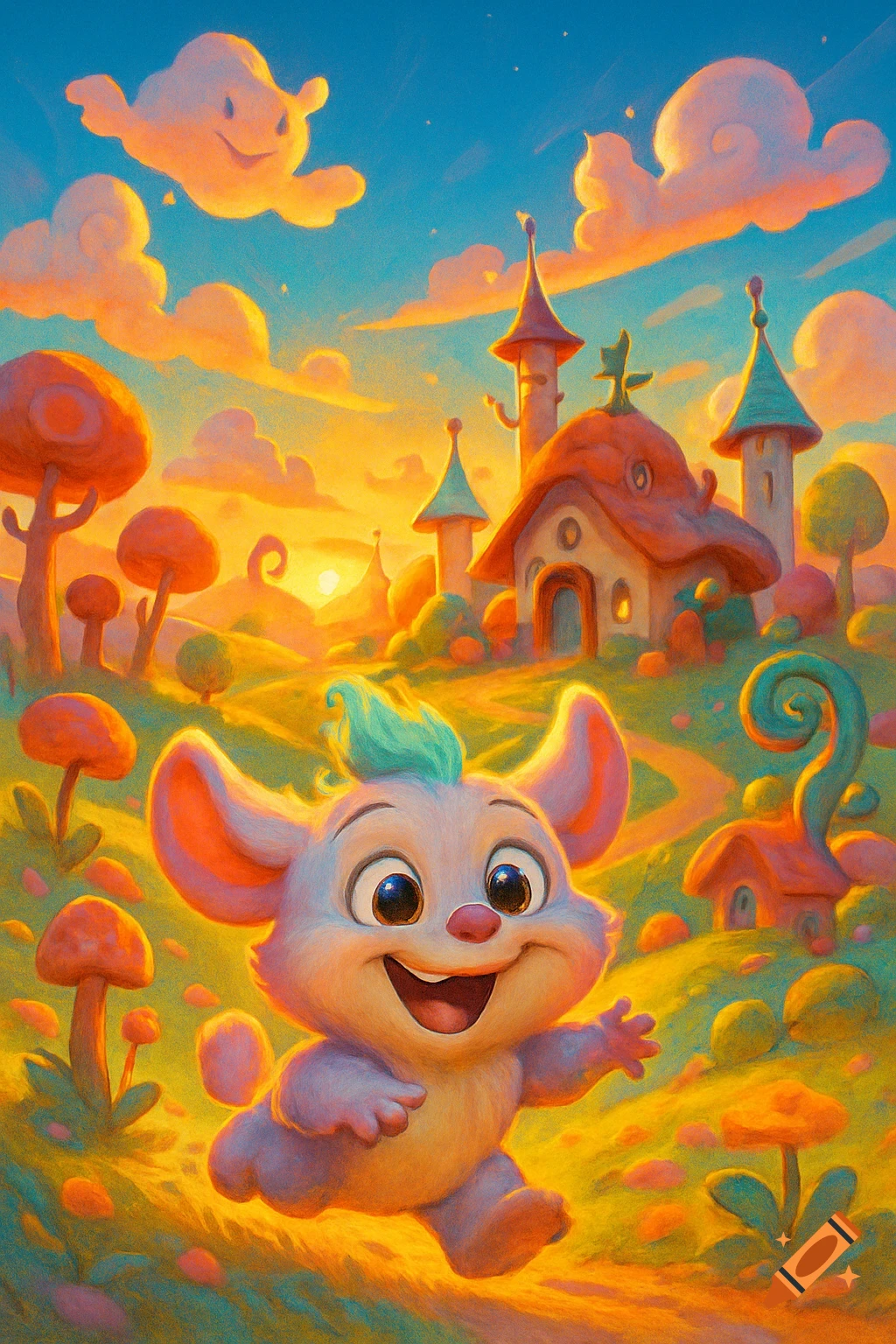 Happy cartoon creature with big ears and green hair running through a vibrant, whimsical fantasy landscape with houses and mushroom trees at sunset.