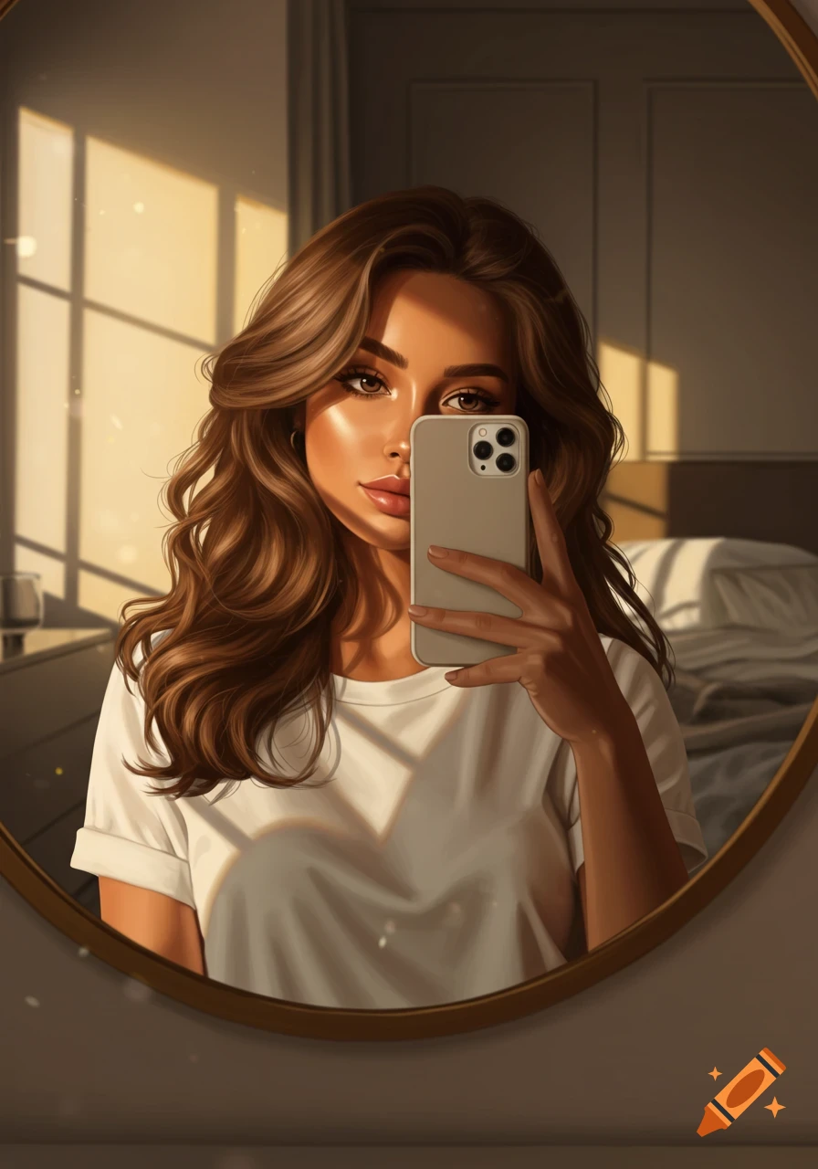 Digital painting of a young woman with wavy brown hair taking a selfie in a bedroom mirror with warm sunlight.