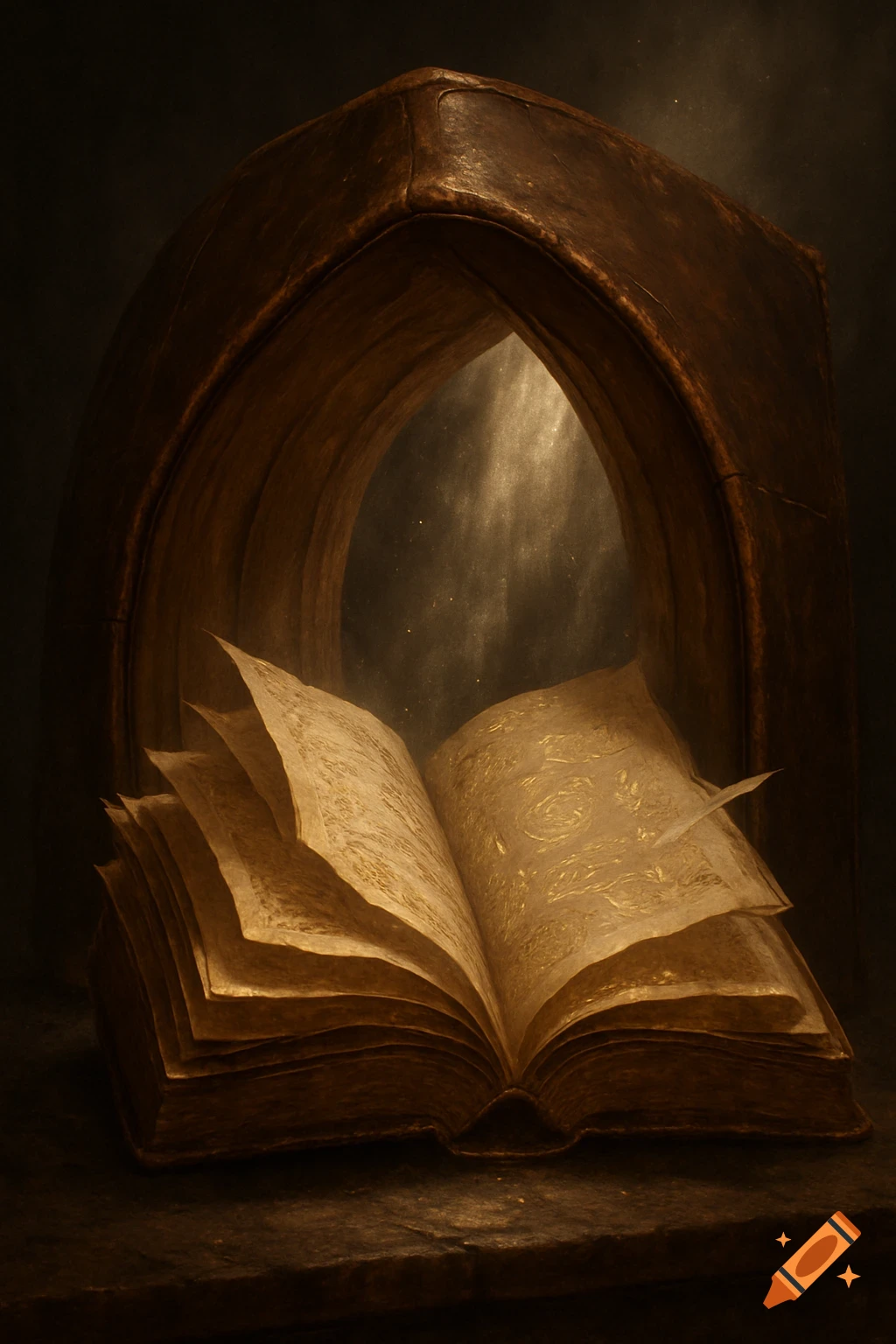 An ancient, open book with glowing, illegible script under a stone archway, with light filtering through the top.