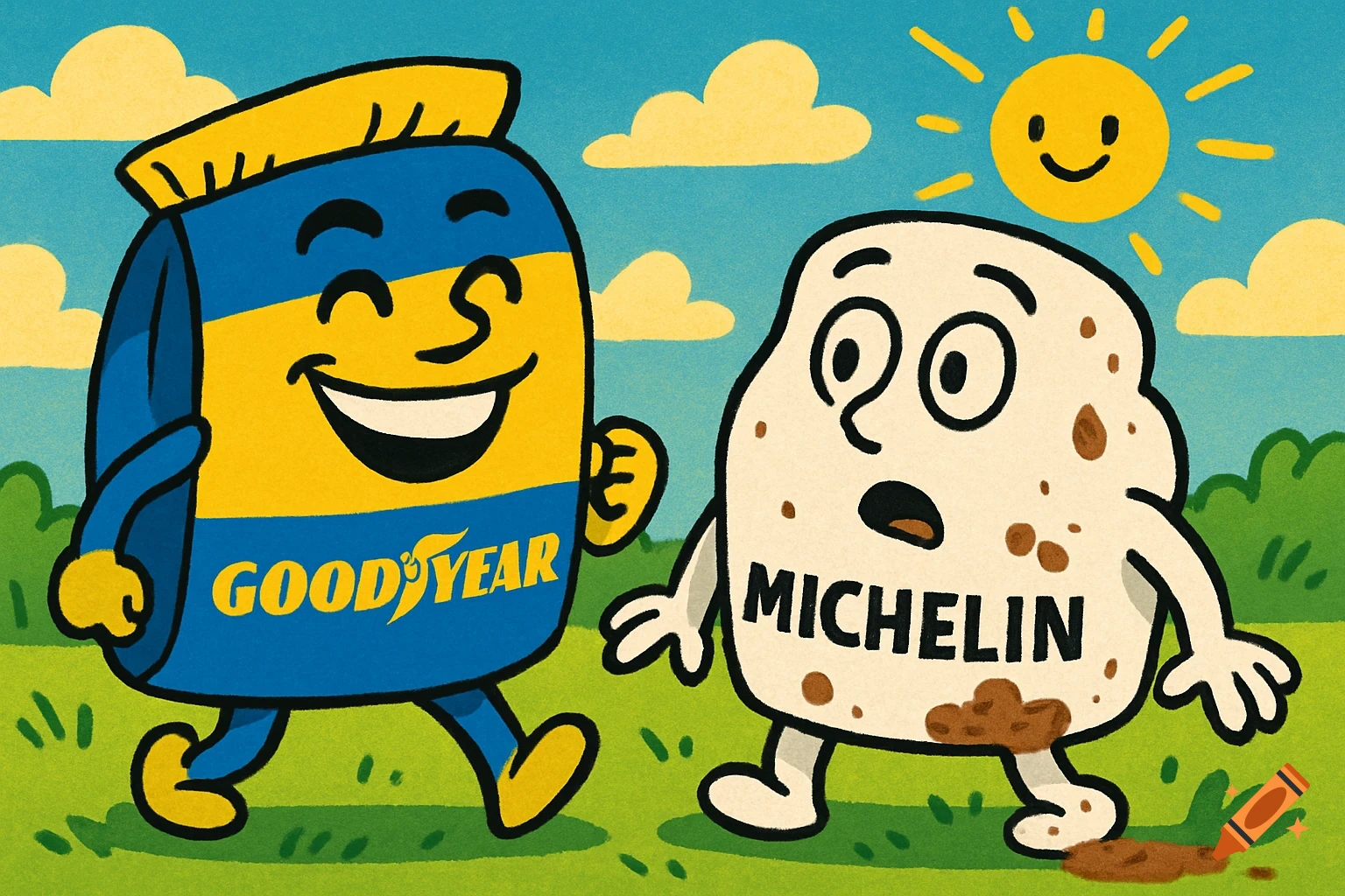 A cheerful, clean Goodyear cartoon character walks beside a surprised, muddy Michelin character on grass under a sunny sky in a childlike style.
