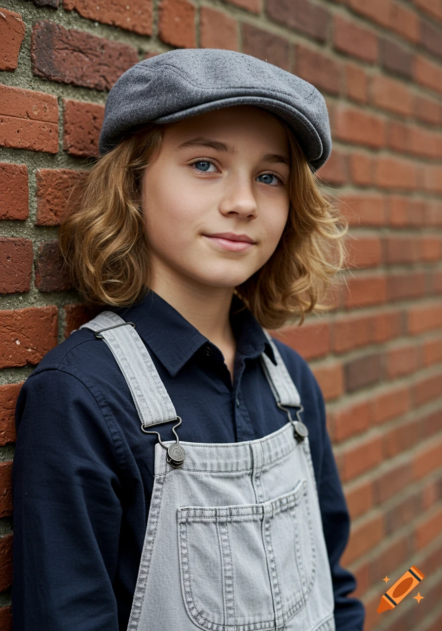 A boy with wavy blonde hair and blue eyes, wearing a gray flat cap, navy shirt, and denim overalls, leans against a brick wall.