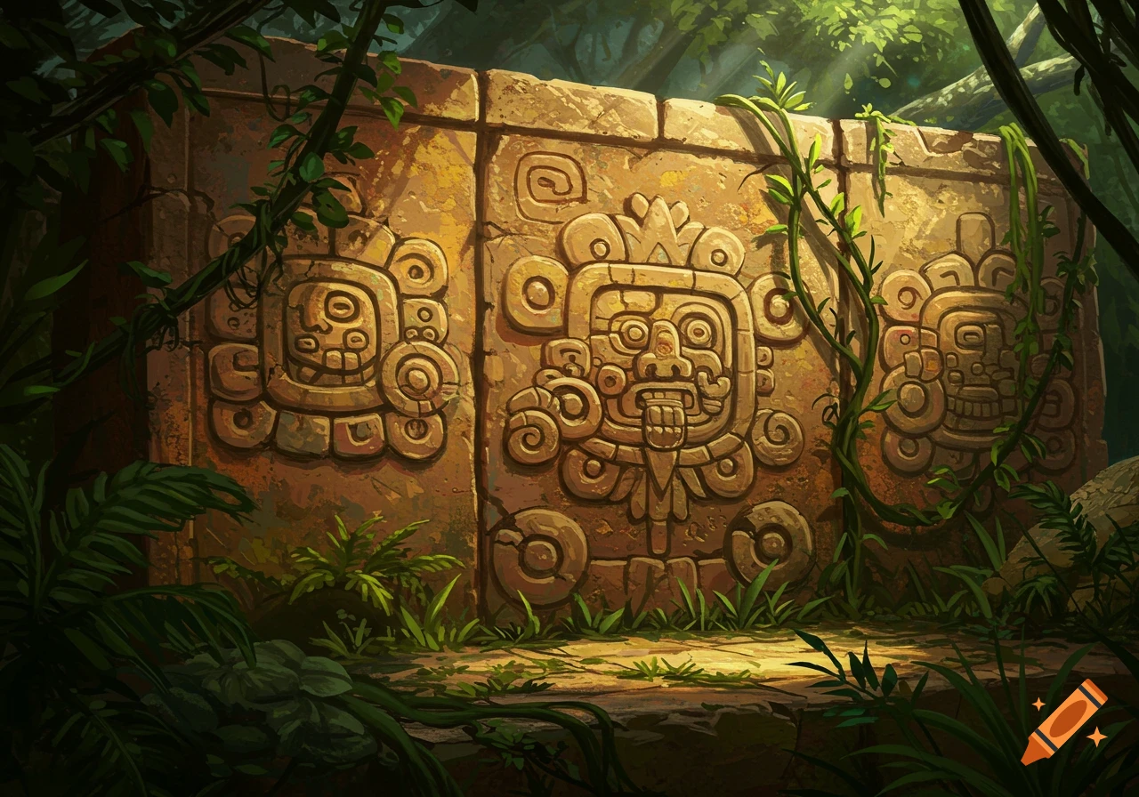 Stylized illustration of ancient Aztec stone carvings covered in vines and foliage within a sun-dappled jungle.