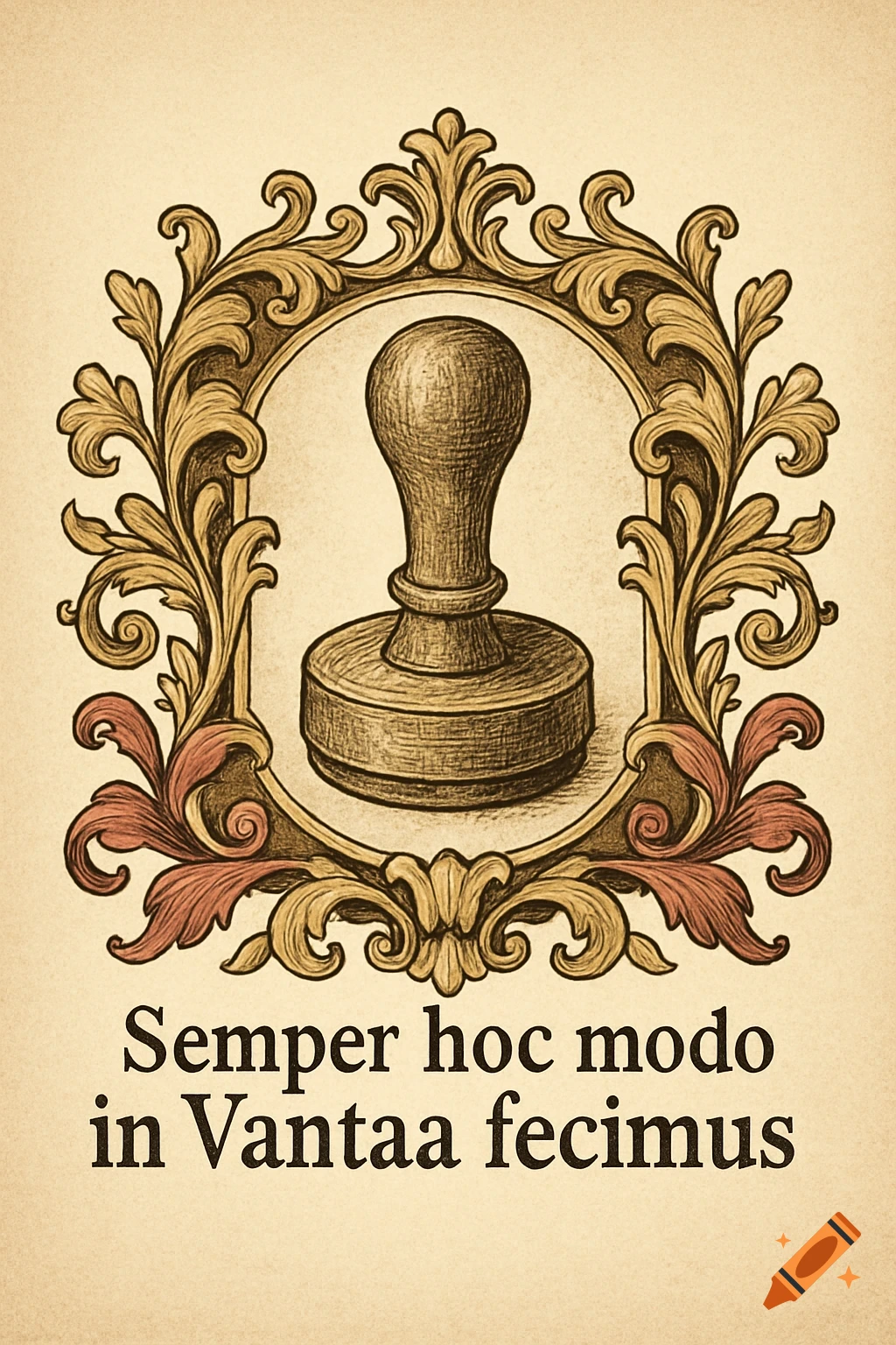 Vintage illustration of a rubber stamp within an ornate golden frame, with Latin text below.