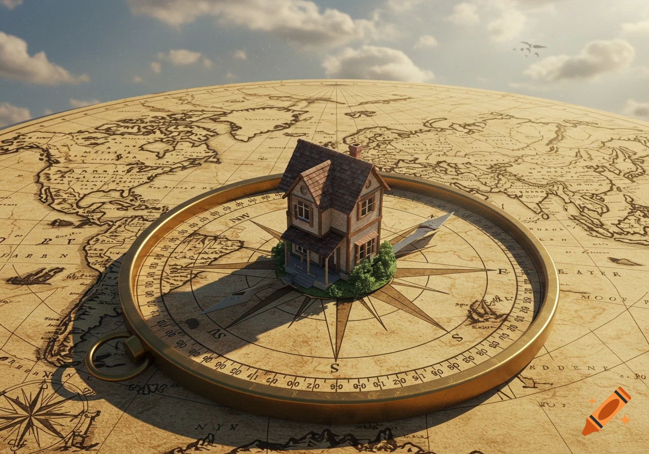 A miniature house sits on a brass compass, which is centered on an antique world map with a cloudy sky overhead.