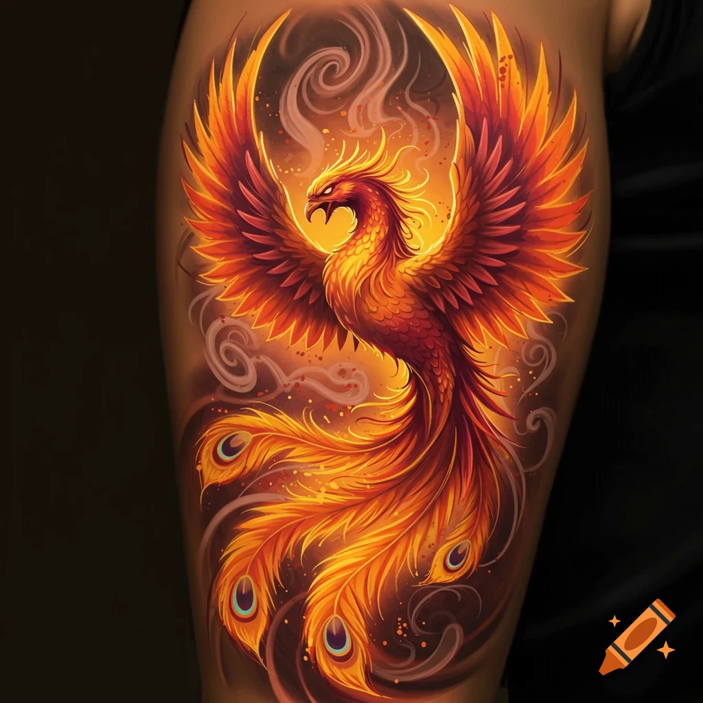 A vibrant, fiery phoenix tattoo with outstretched wings and elaborate tail feathers on a limb, glowing with orange and red.