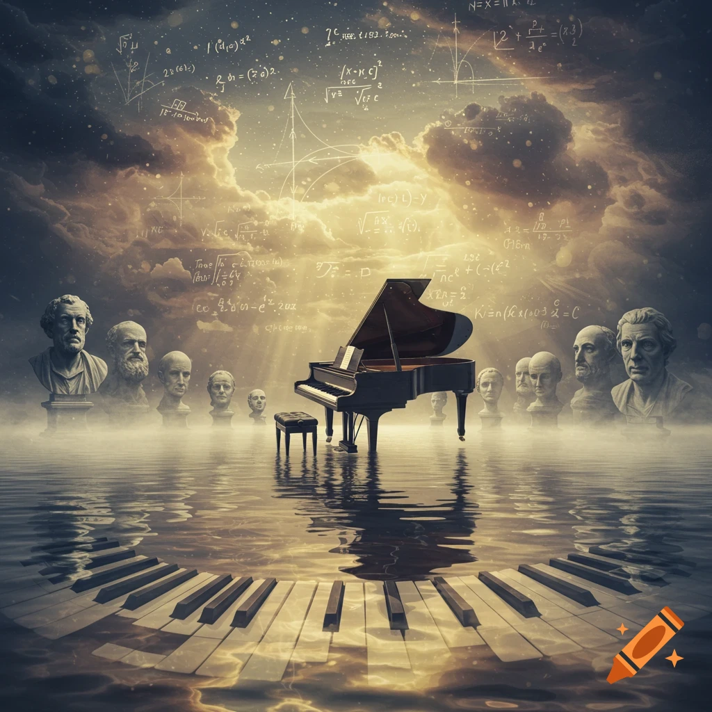 A grand piano sits on a misty surface, surrounded by classical busts of philosophers and with a curved piano keyboard submerged in water below. The sky above is filled with clouds and mathematical equations.