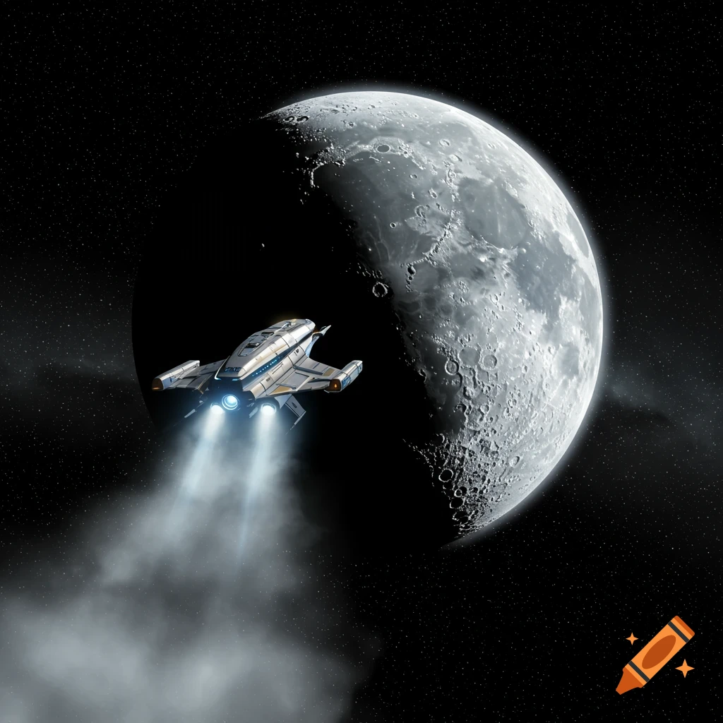 A futuristic spaceship with glowing engines flies past a large, cratered moon in dark space.