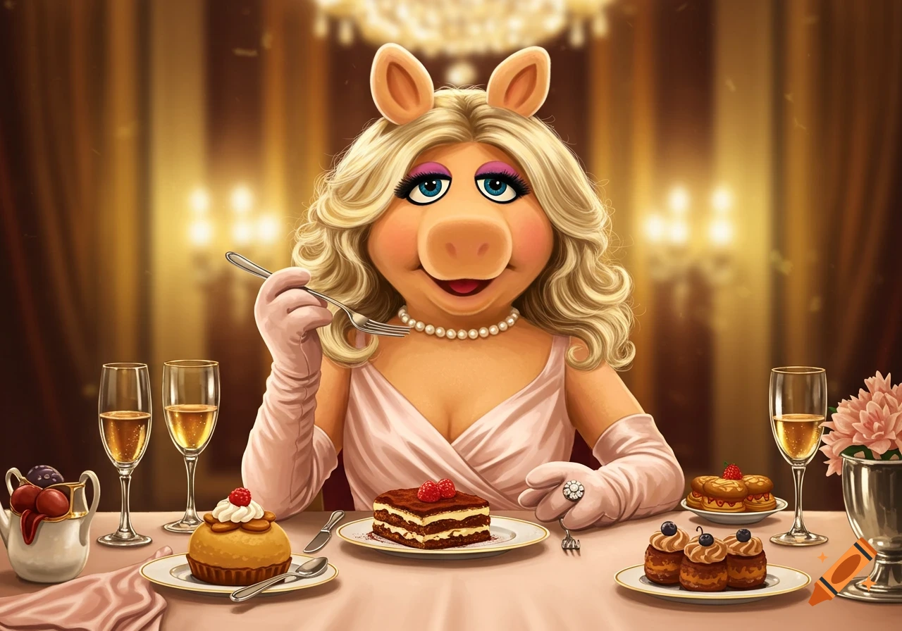 Miss Piggy, a cartoon pig in a pink dress, sits at a fancy dinner table with desserts and champagne, holding a fork.