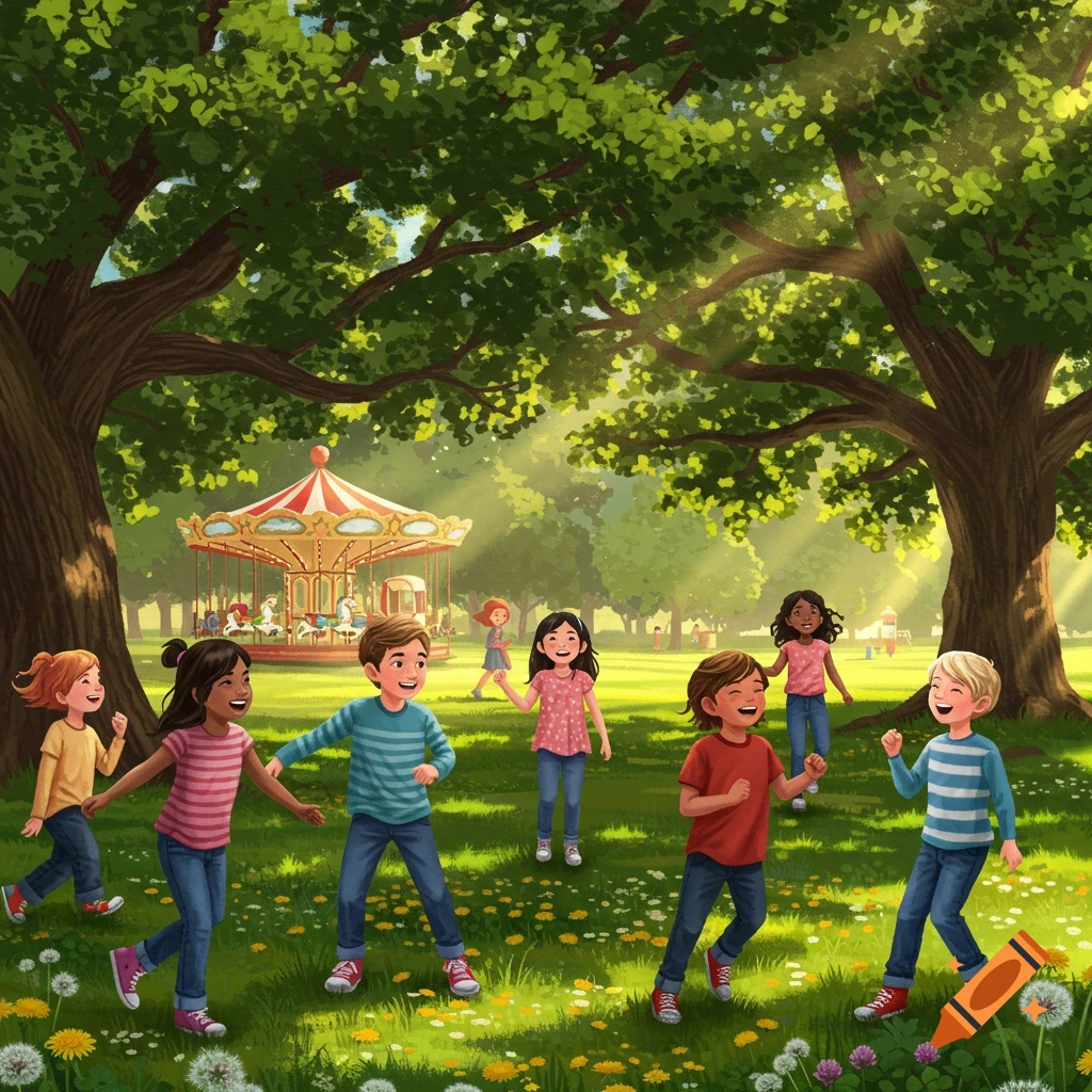 Smiling children playing in a sunny park with a carousel in the background, in an illustration style.