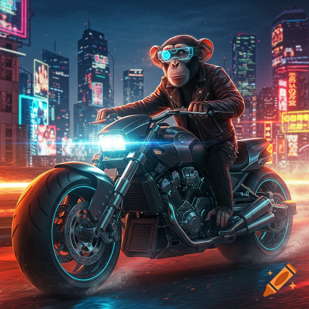 A chimpanzee wearing a leather jacket and futuristic goggles rides a motorcycle through a neon cyberpunk city at night, realistic style.
