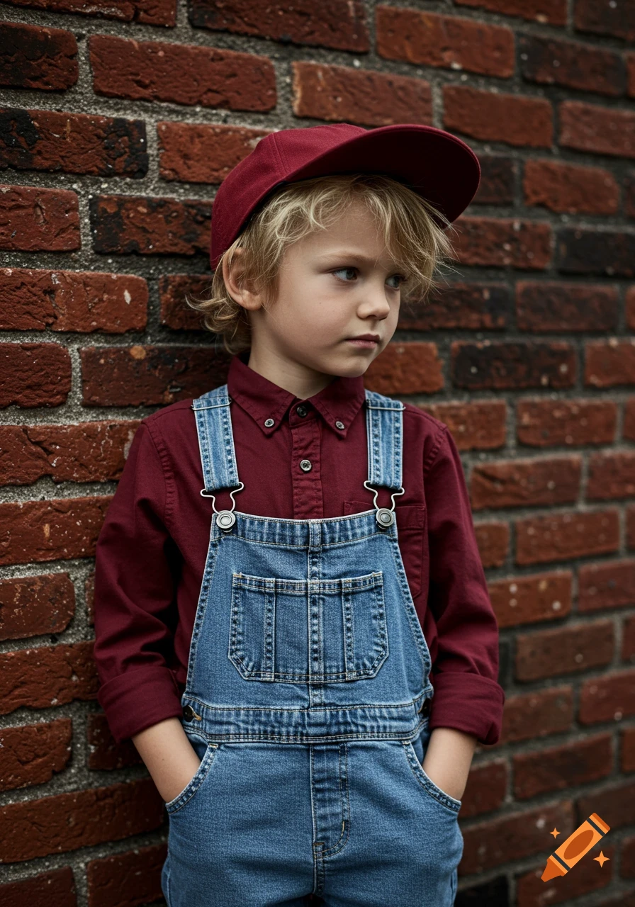 Young boy with blonde hair, red cap, and denim overalls leaning against a weathered brick wall, hands in pockets, looking contemplative.