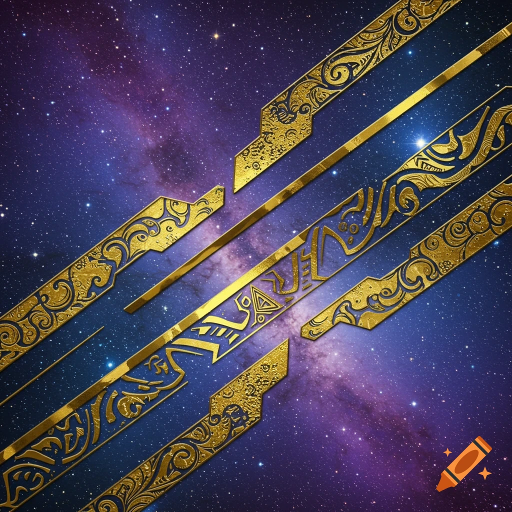Geometric golden ornate patterns over a purple and blue galaxy background.
