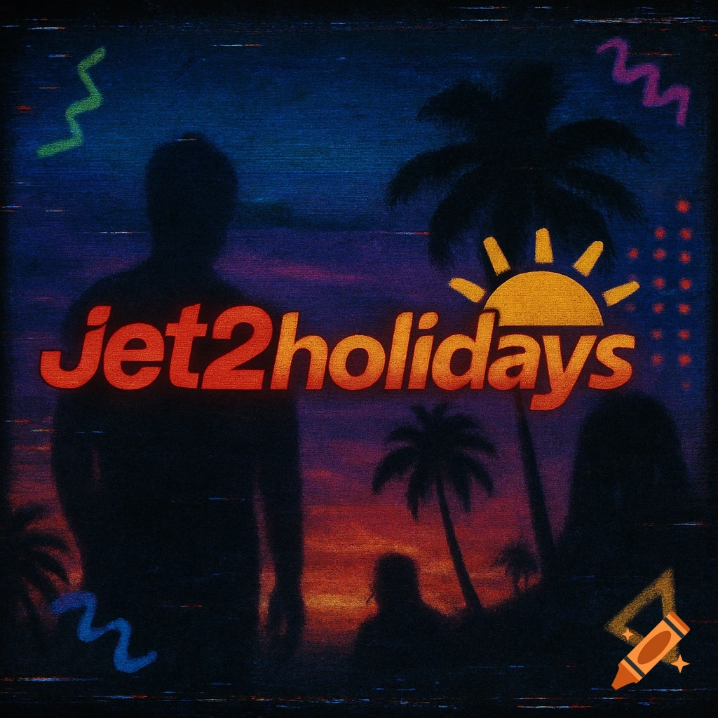 Retro 90s TV style ad for Jet2holidays logo with a sunset, palm trees, and silhouetted figures, featuring VHS distortion.