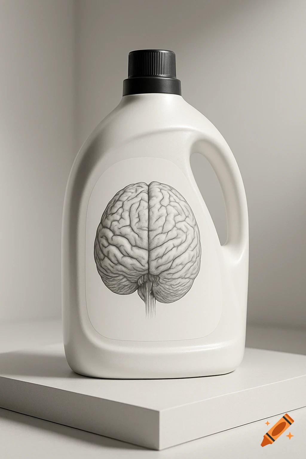 A white laundry liquid bottle with a realistic human brain graphic on its label, shown on a white surface.