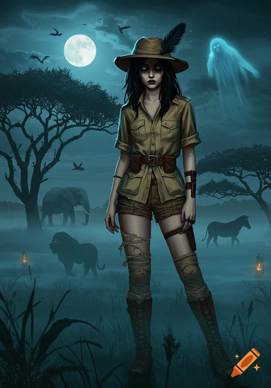 Dark fantasy illustration of a spooky safari girl standing in a misty, moonlit savanna with silhouetted animals and a ghost.