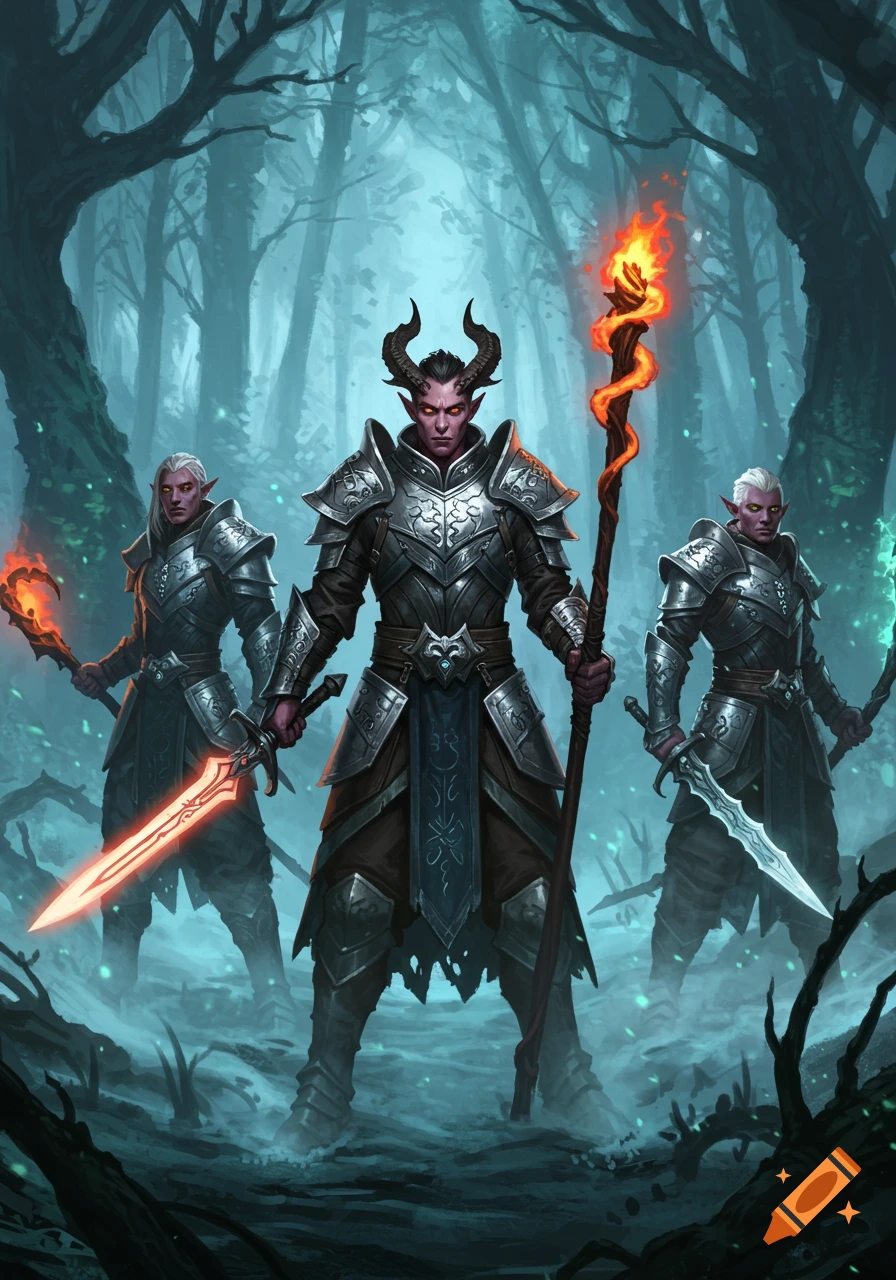 Three armored, horned, red-eyed fantasy warriors stand in a dark, misty forest. One carries a flaming staff, others glowing swords.