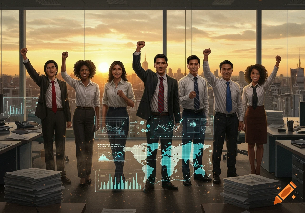Six diverse business professionals with fists raised in a modern office, city sunset view, holographic data displays.
