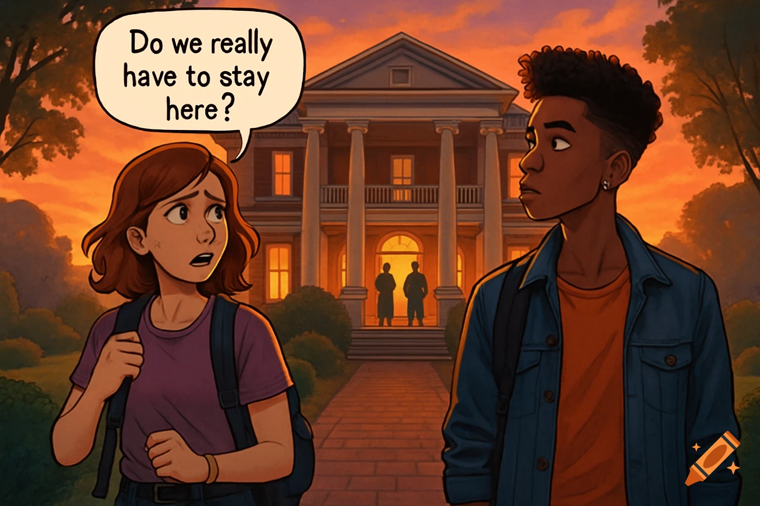 A worried girl and a serious boy with backpacks stand before a grand house at sunset, in a comic art style. The girl's speech bubble reads, "Do we really have to stay here?"