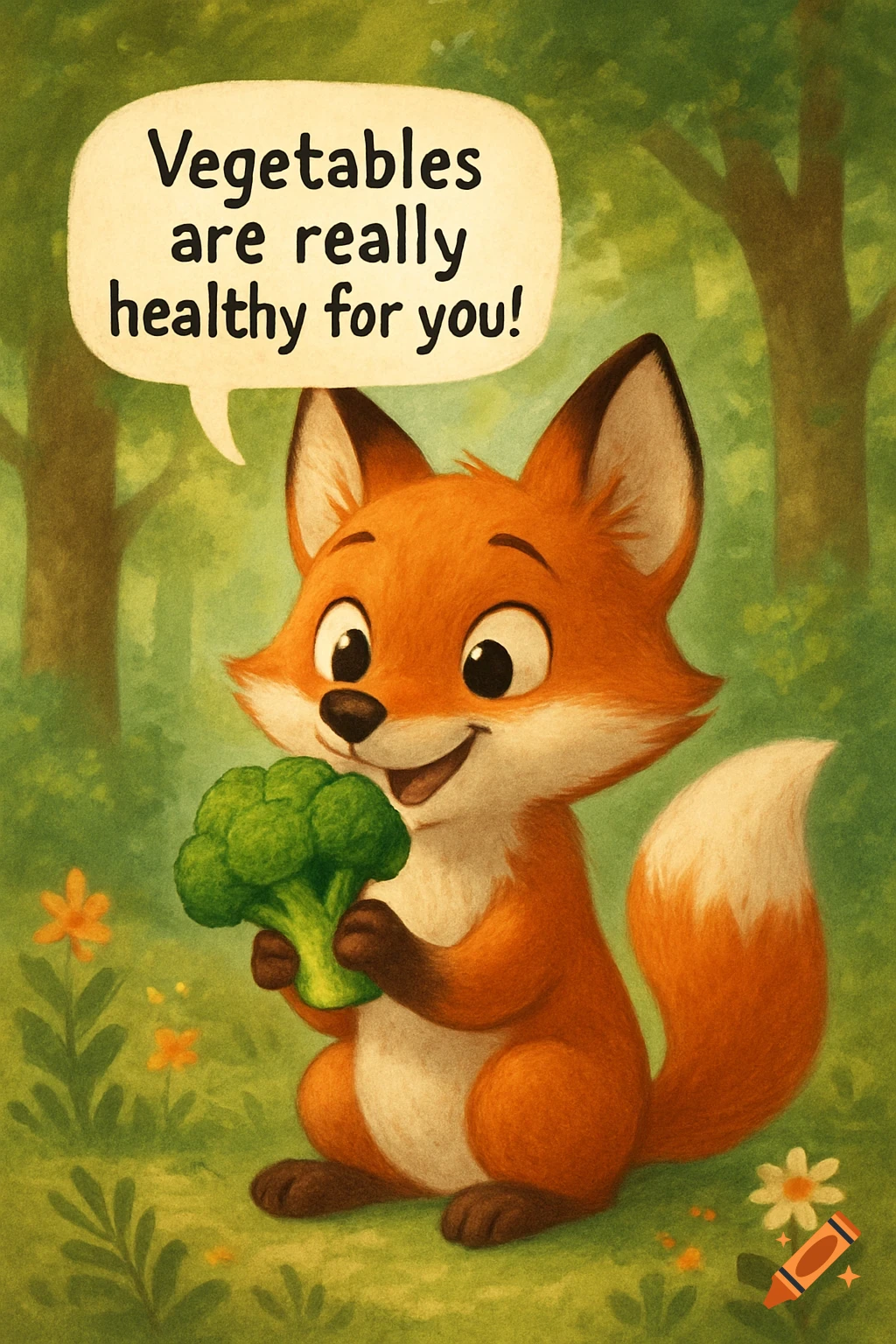 A happy cartoon fox in a forest holds a broccoli floret, with a speech bubble saying, 'Vegetables are really healthy for you!'