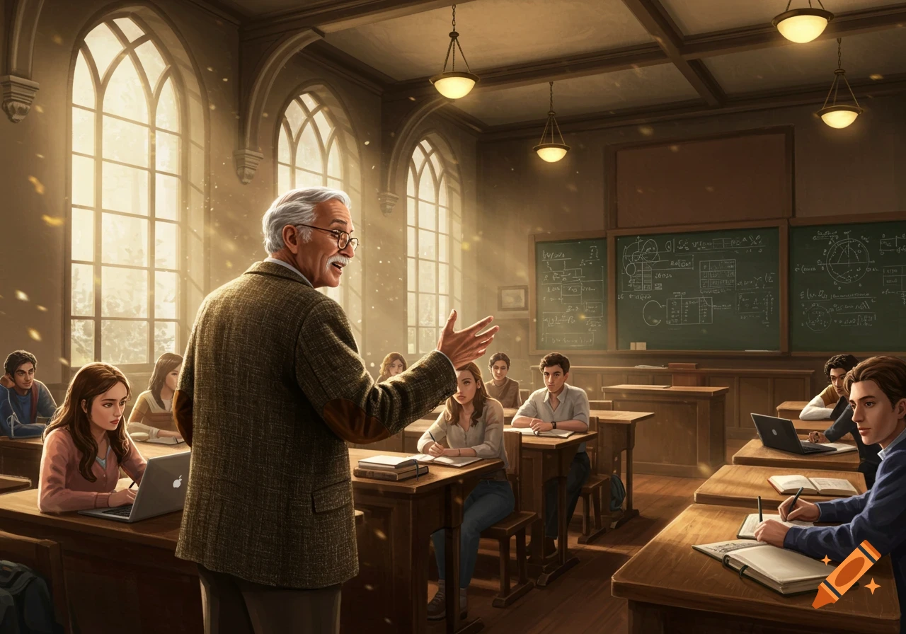 A distinguished professor teaches a diverse class of students in a sunlit university classroom with blackboards full of equations.