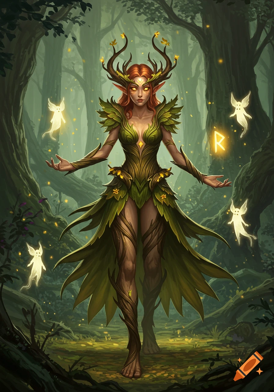 A fantasy forest elf character with antlers and leaf clothing, surrounded by glowing spirits and a rune, in a semi-realistic illustration style.