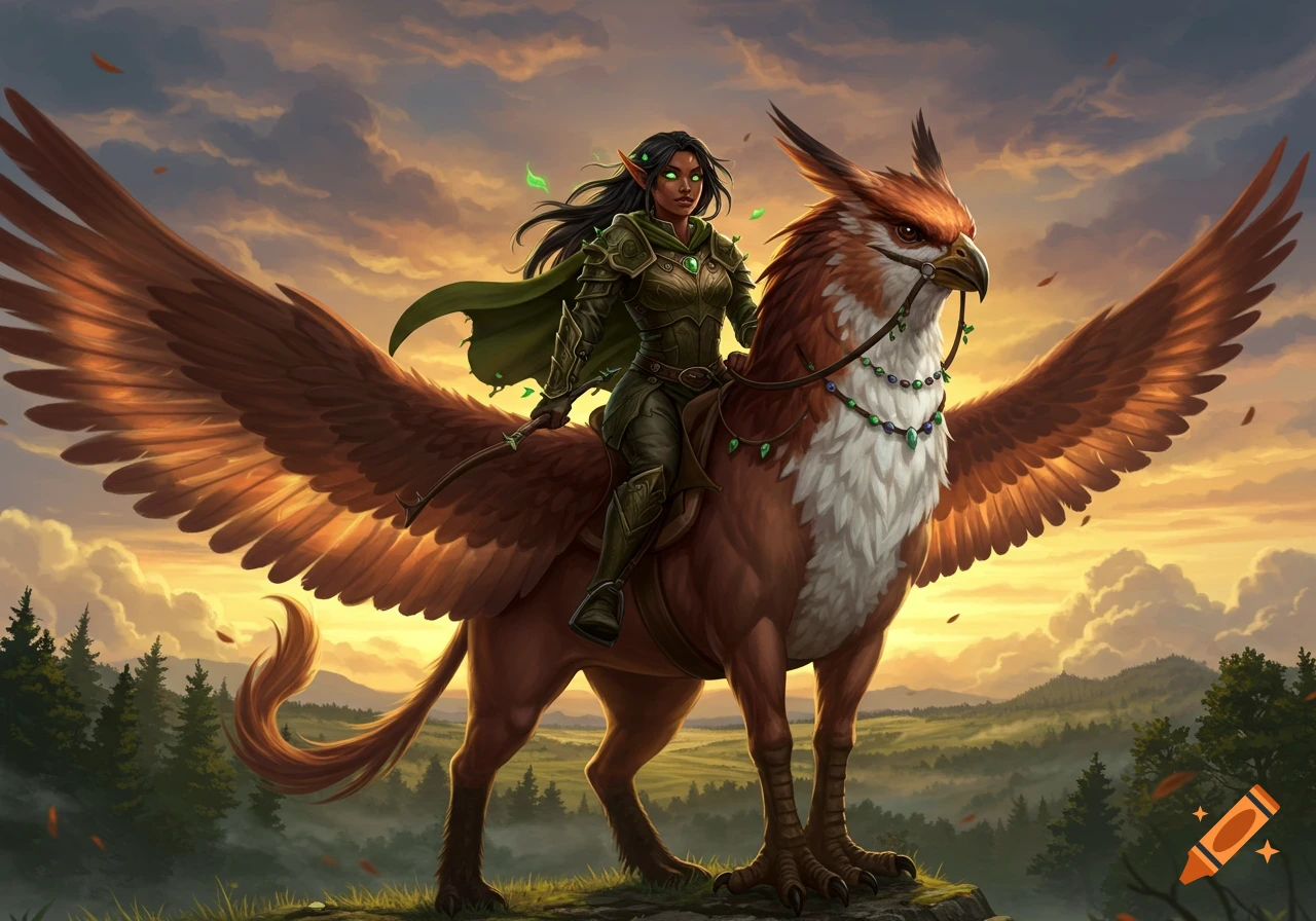 A dark-skinned half-elven ranger in armor rides a brown and white hippogriff on a cliff at sunset. Fantasy art.