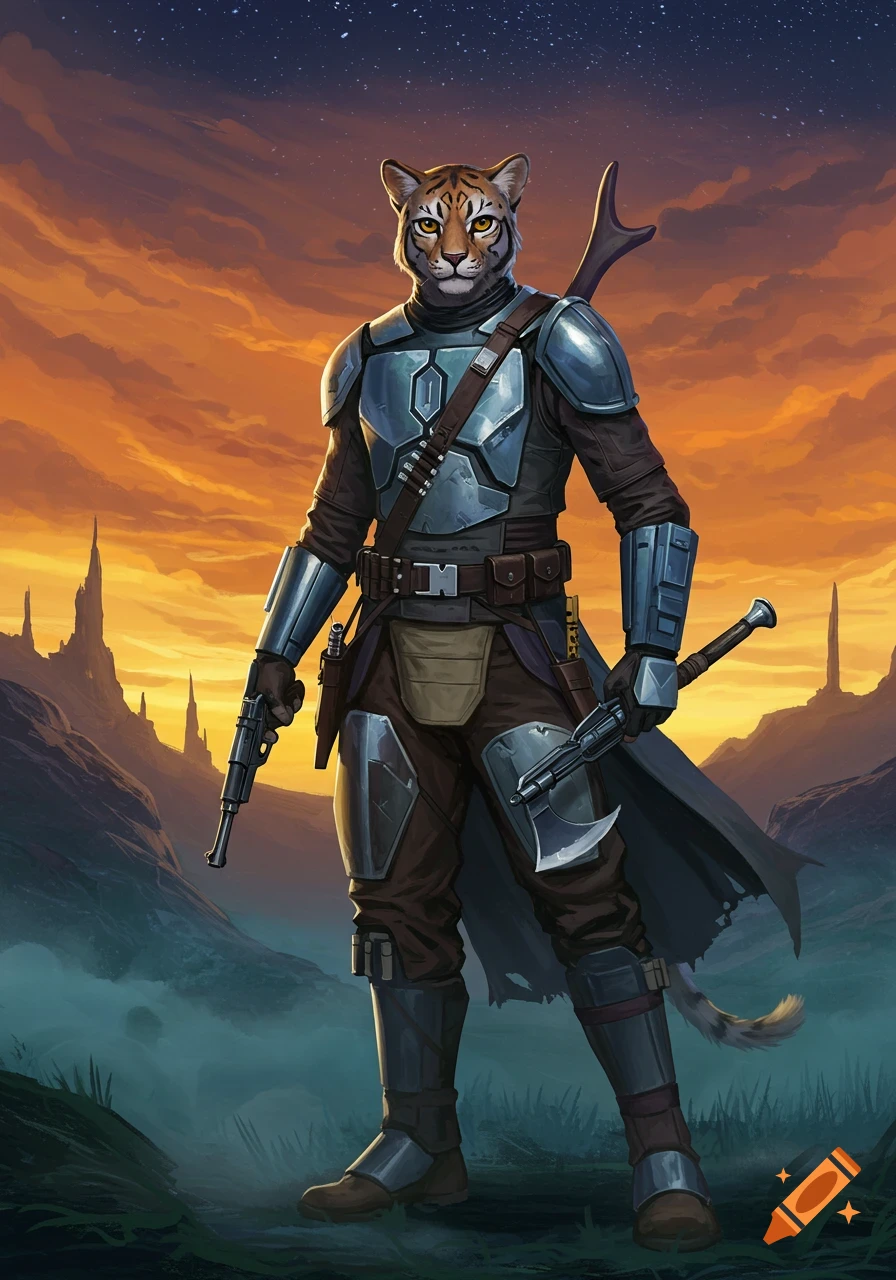 A tiger-headed warrior in silver and brown Mandalorian-style armor stands on an alien planet at sunset, holding a pistol and an axe.