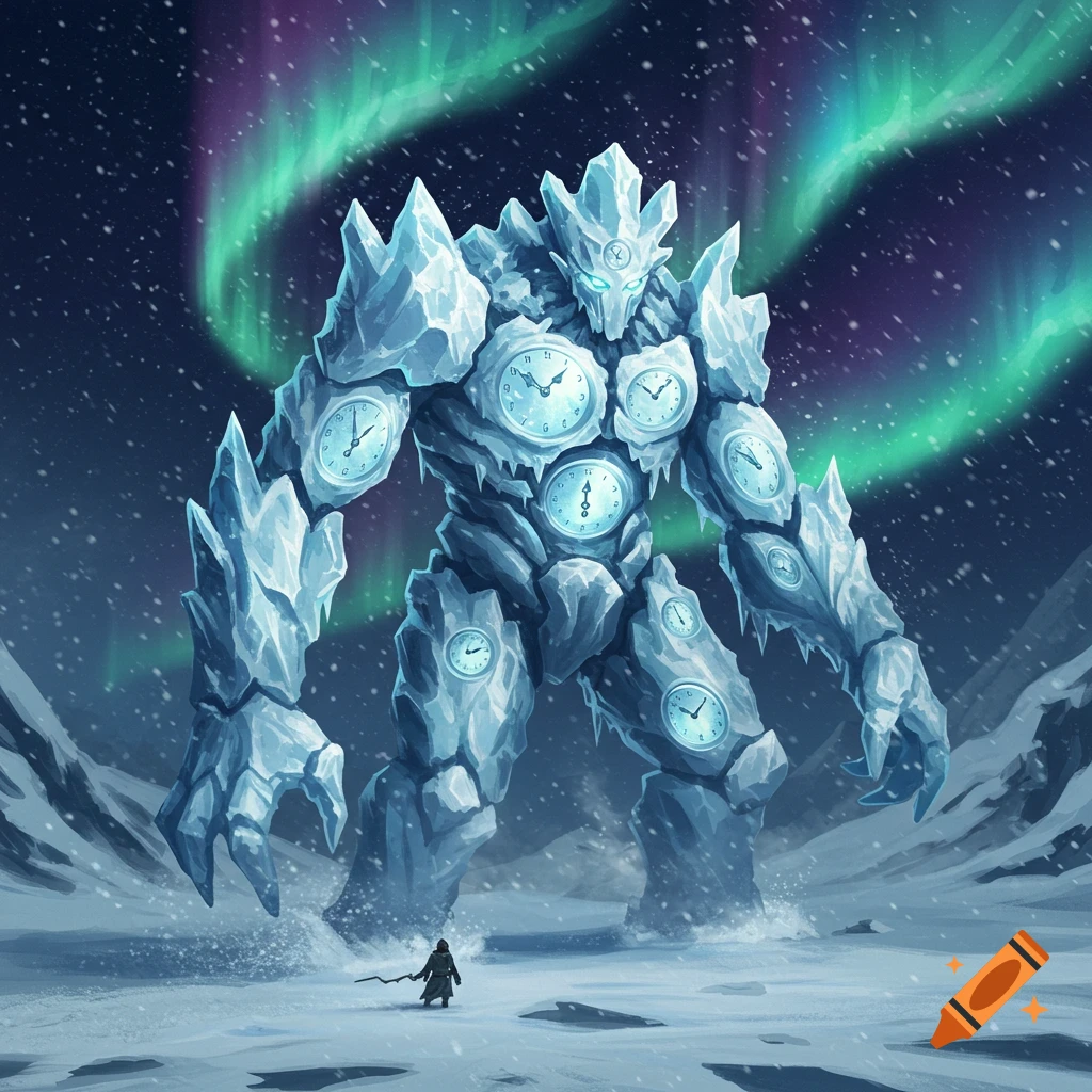 A colossal ice monster with clocks embedded in its body stands before a small figure in a snowy landscape under an aurora borealis.