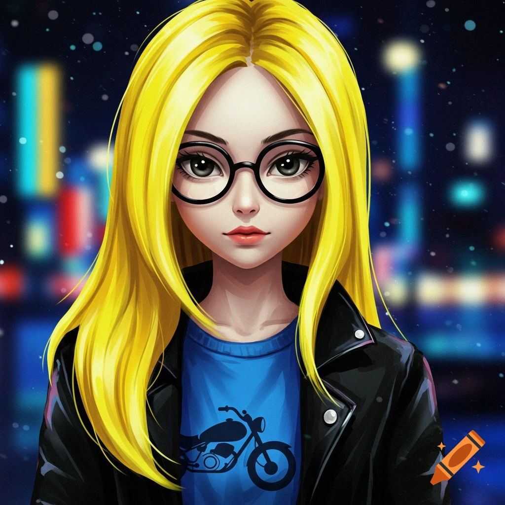 A stylized portrait of a girl with bright yellow hair, black glasses, a black leather jacket, and a blue shirt with a motorcycle graphic, against a blurred city night background.